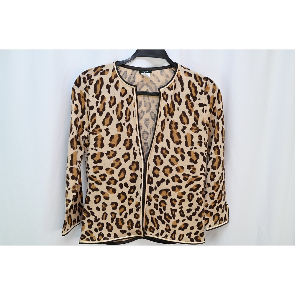 J.Crew Cheetah Print Wool Cardigan Tan Brown Hook Eye Closure Medium RN77388